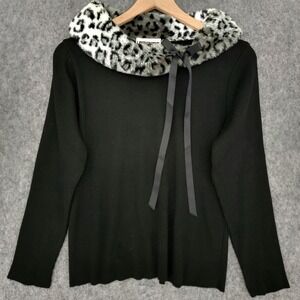 Vintage Carly Blake Sweater Womens L Black Leopard Faux Fur Collar Pullover Knit